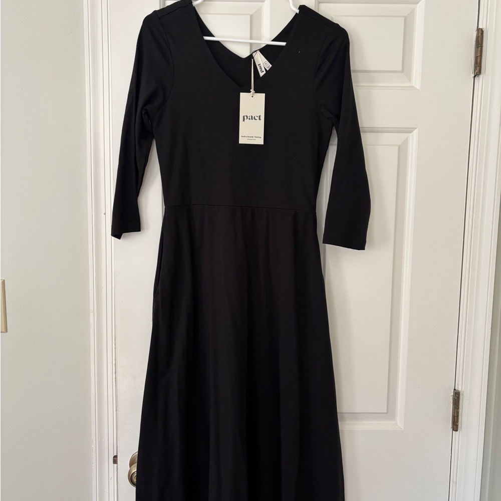 Pact Black A-line Dress with V-neck and 3/4 Sleeves